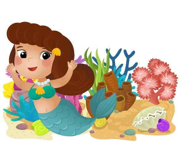 Cartoon Scene Coral Reef Swimming Happy Mermaid Girl Isolated Element — Stock Photo, Image