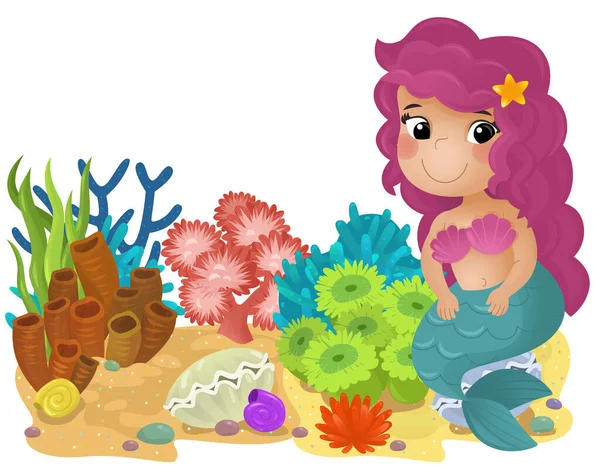 stock image cartoon scene with coral reef with swimming happy mermaid girl isolated element illustration for children