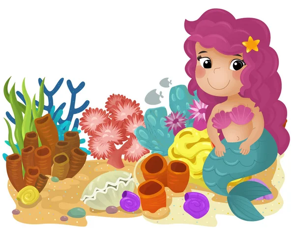 Escena Dibujos Animados Con Arrecife Coral Con Natación Sirena Feliz —  Fotos de Stock