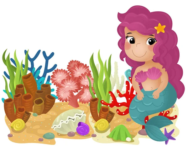 stock image cartoon scene with coral reef with swimming happy mermaid girl isolated element illustration for children