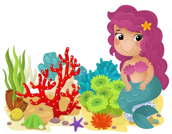 stock image cartoon scene with coral reef with swimming happy mermaid girl isolated element illustration for children