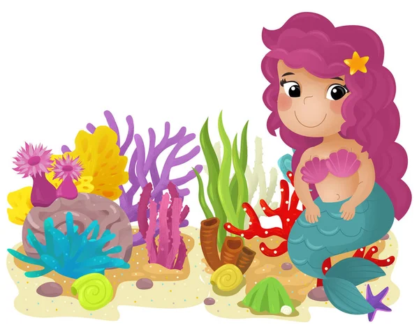 Cartoon Scene Coral Reef Swimming Happy Mermaid Girl Isolated Element — Stock Photo, Image