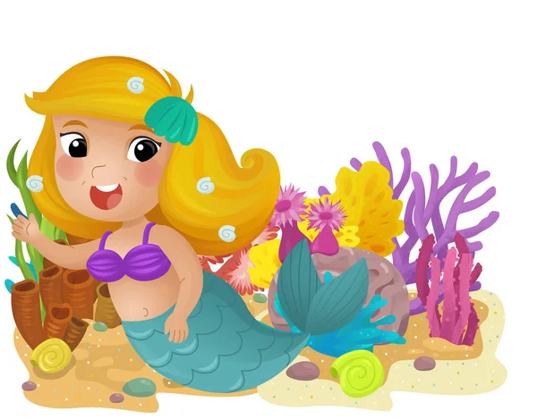 Yüzen Mutlu Bir Denizkızı Olan Mercan Resifli Karikatür Sahnesi Çocuklar — Stok fotoğraf