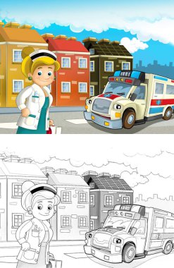 Şehirde doktor arabalı çizgi film sahnesi. Çocuklar için mutlu bir ambulans.
