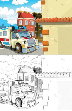 çizgi film sahne ile mutlu ambulans - illüstrasyon çocuklar için şehir içinde