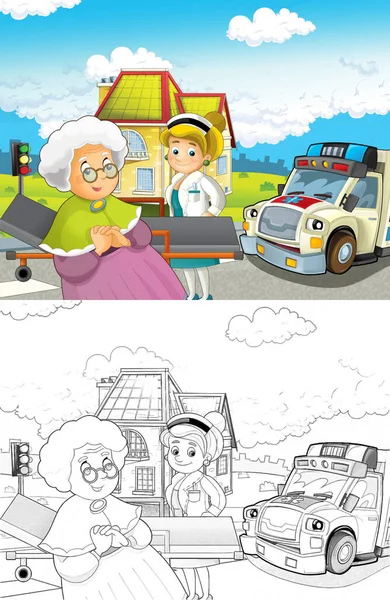 Cena Dos Desenhos Animados Cidade Com Carro Médico Ambulância Feliz — Fotografia de Stock