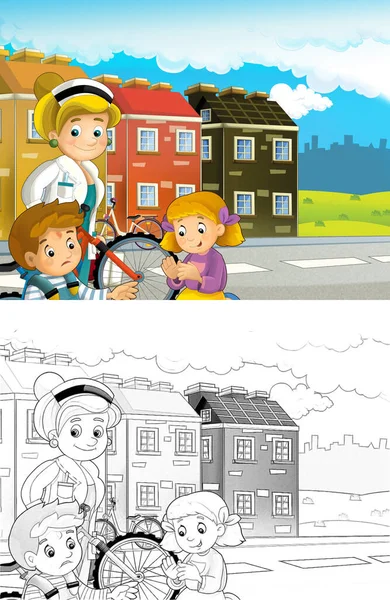 Cena Dos Desenhos Animados Com Par Crianças Após Acidente Bicicleta — Fotografia de Stock