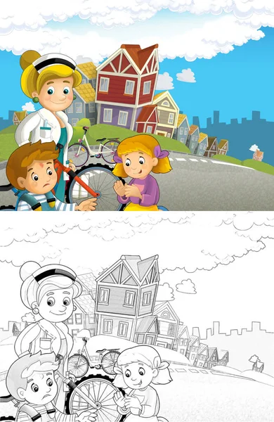 卡通场景与一对孩子后 自行车事故与医生 插图为儿童 — 图库照片