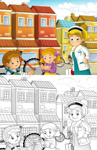 卡通场景与一对孩子后 自行车事故与医生 插图为儿童 — 图库照片