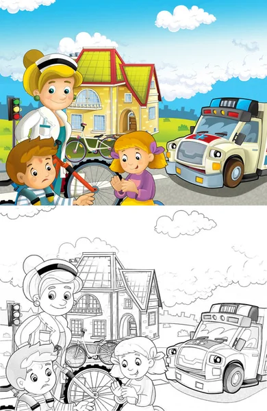 Tecknad Scen Med Barn Efter Cykelolycka Och Ambulans Och Läkare — Stockfoto