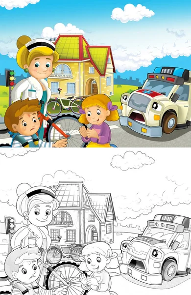 ヘルプ 子供のための図に来ている医者および救急車自転車事故後の子供たちの漫画シーン — ストック写真