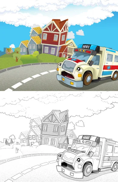 Cena Dos Desenhos Animados Cidade Com Ambulância Feliz Ilustração Para — Fotografia de Stock