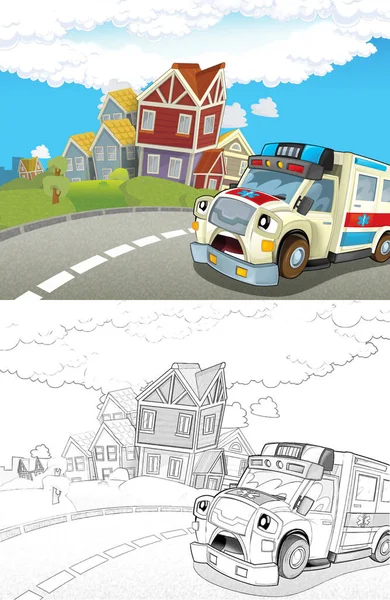 Kreslený Scény Městě Happy Ambulance Ilustrace Pro Děti — Stock fotografie
