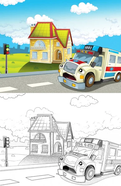 Cartoon Szene Der Stadt Mit Fröhlichem Krankenwagen Illustration Für Kinder — Stockfoto