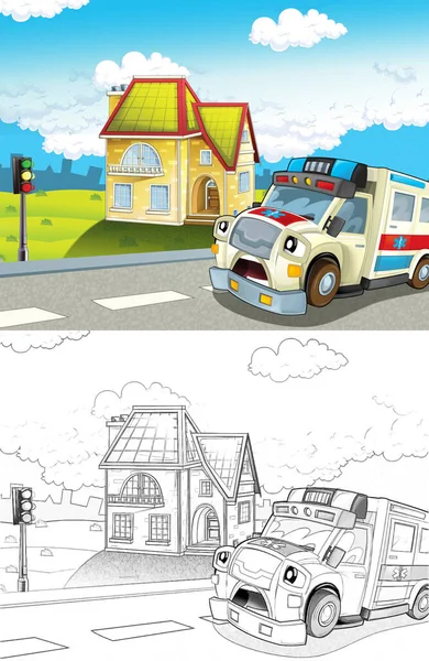 Scena Dei Cartoni Animati Città Con Felice Ambulanza Illustrazione Bambini — Foto Stock