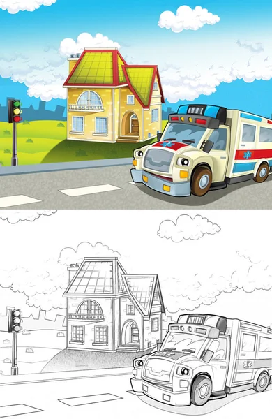 Scène Dessin Animé Dans Ville Avec Une Ambulance Heureuse Illustration — Photo