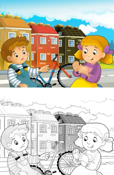 Tecknad Scen Med Pojke Och Flicka Cykel Rida Med Olycka — Stockfoto