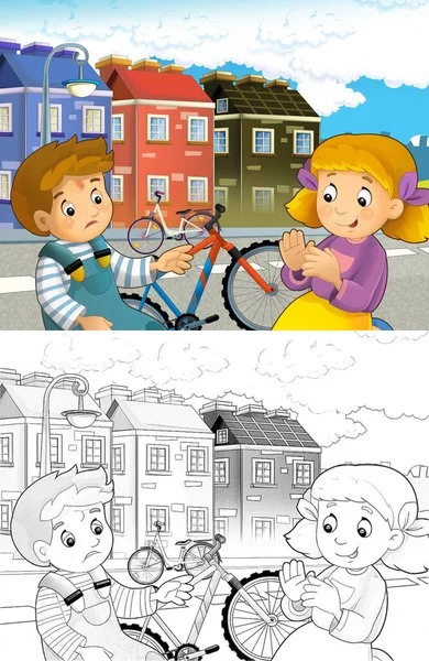 Scena Kreskówek Chłopcem Dziewczyną Rowerze Wypadku Ilustracja Dla Dzieci — Zdjęcie stockowe