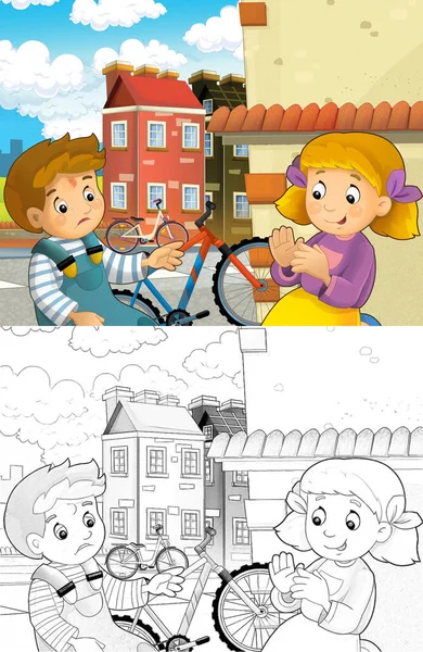 Erkek Kızın Bisiklet Sürdüğü Çizgi Film Sahnesi Çocuklar Için Çizimler — Stok fotoğraf