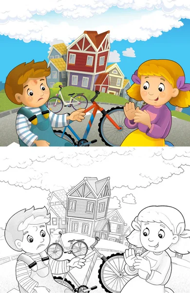 自転車に乗っている男の子と女の子が事故に遭った漫画シーン イラスト 子供向けイラスト — ストック写真
