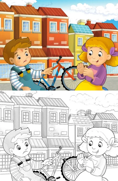 Adegan Kartun Dengan Anak Laki Laki Dan Perempuan Bersepeda Mengalami — Stok Foto