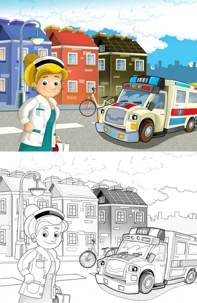 Cartoon Scene City Doctor Car Happy Ambulance Illustration Children — Stock Photo, Image