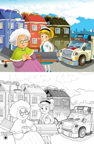 Kreslená Scéna Městě Lékařem Auto Šťastný Ambulance Ilustrace Pro Děti — Stock fotografie