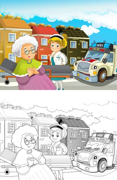 Kreslená Scéna Městě Lékařem Auto Šťastný Ambulance Ilustrace Pro Děti — Stock fotografie