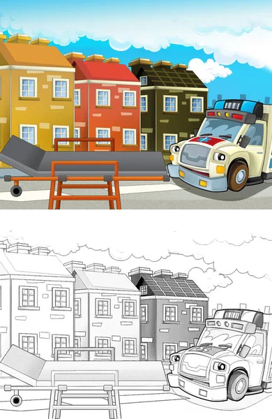 Escena Dibujos Animados Ciudad Con Coche Médico Ambulancia Feliz Ilustración — Foto de Stock