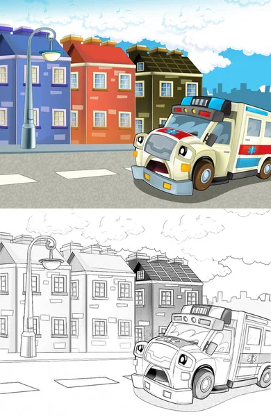 Cartoon Scene City Happy Ambulance Illustration Children — Stock Photo, Image