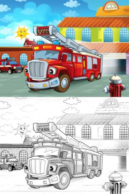 itfaiye itfaiye binası dışında çocuklar için eylem - farklı itfaiyeci araba - illüstrasyon sürüş çizgi film