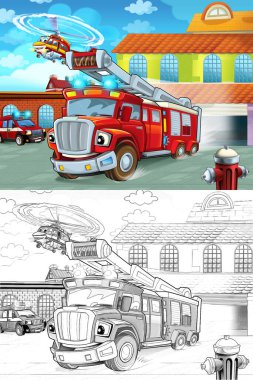 itfaiye itfaiye binası dışında çocuklar için eylem - farklı itfaiyeci araba - illüstrasyon sürüş çizgi film