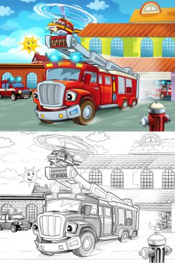 itfaiye itfaiye binası dışında çocuklar için eylem - farklı itfaiyeci araba - illüstrasyon sürüş çizgi film