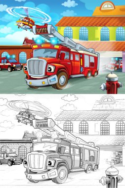 itfaiye itfaiye binası dışında çocuklar için eylem - farklı itfaiyeci araba - illüstrasyon sürüş çizgi film