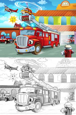 itfaiye itfaiye binası dışında çocuklar için eylem - farklı itfaiyeci araba - illüstrasyon sürüş çizgi film