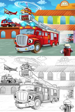 itfaiye itfaiye binası dışında çocuklar için eylem - farklı itfaiyeci araba - illüstrasyon sürüş çizgi film