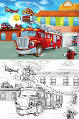 itfaiye itfaiye binası dışında çocuklar için eylem - farklı itfaiyeci araba - illüstrasyon sürüş çizgi film