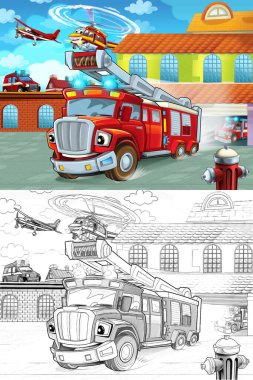 itfaiye itfaiye binası dışında çocuklar için eylem - farklı itfaiyeci araba - illüstrasyon sürüş çizgi film