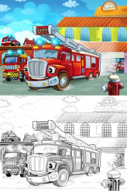 itfaiye itfaiye binası dışında çocuklar için eylem - farklı itfaiyeci araba - illüstrasyon sürüş çizgi film