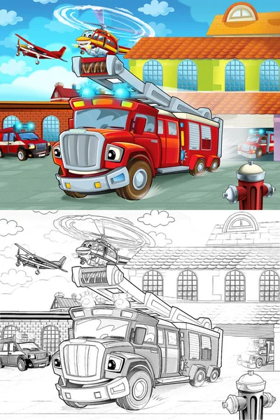 Cartoon Firetruck Driving Out Fire Station Action Different Fireman Vehicles — Stock Photo, Image