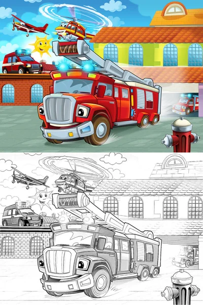 Camion Pompier Dessin Animé Conduisant Caserne Pompiers Action Différents Véhicules — Photo