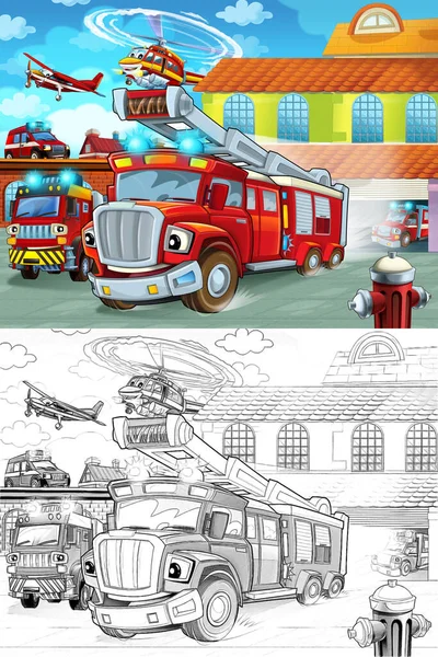 Cartoon Filmpjes Rijden Uit Brandweerkazerne Naar Actie Verschillende Brandweerman Bedrijfswagens — Stockfoto