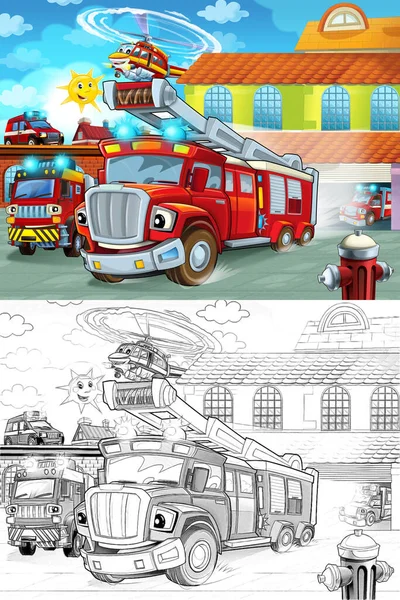 itfaiye itfaiye binası dışında çocuklar için eylem - farklı itfaiyeci araba - illüstrasyon sürüş çizgi film