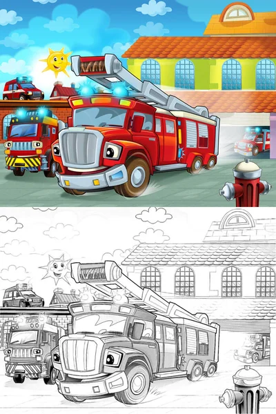 Cartoon Firetruck Driving Out Fire Station Action Different Fireman Vehicles — Stock Photo, Image