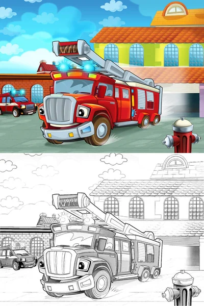 Camión Bomberos Dibujos Animados Saliendo Estación Bomberos Acción Diferentes Vehículos — Foto de Stock