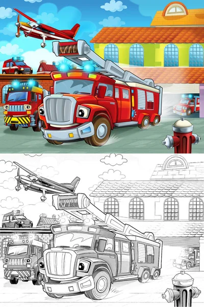 Camion Pompier Dessin Animé Conduisant Caserne Pompiers Action Différents Véhicules — Photo