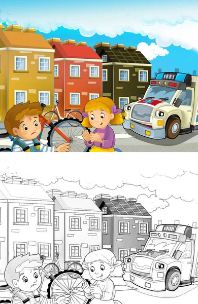 Cartoon Scen Med Barnen Efter Cykel Olycka Och Ambulans Kommer — Stockfoto