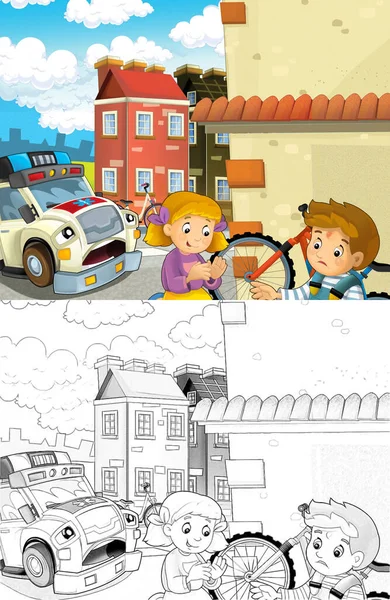 Kreslený Scény Dětmi Raketoplán Sanitka Přichází Pomoc Ilustrace Pro Děti — Stock fotografie