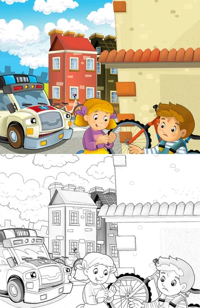 卡通场景与孩子后自行车事故和救护车来帮助 插图为儿童 — 图库照片