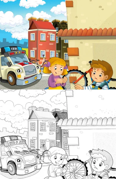 卡通场景与孩子后自行车事故和救护车来帮助 插图为儿童 — 图库照片